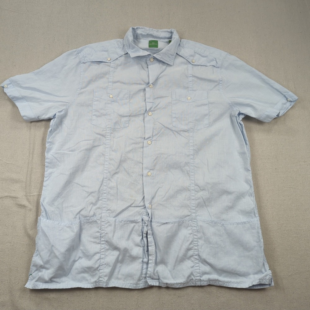 Sid Mashburn Guayabera Shirt Men XL Blue Linen Blend Hem Pockets Safari Camp